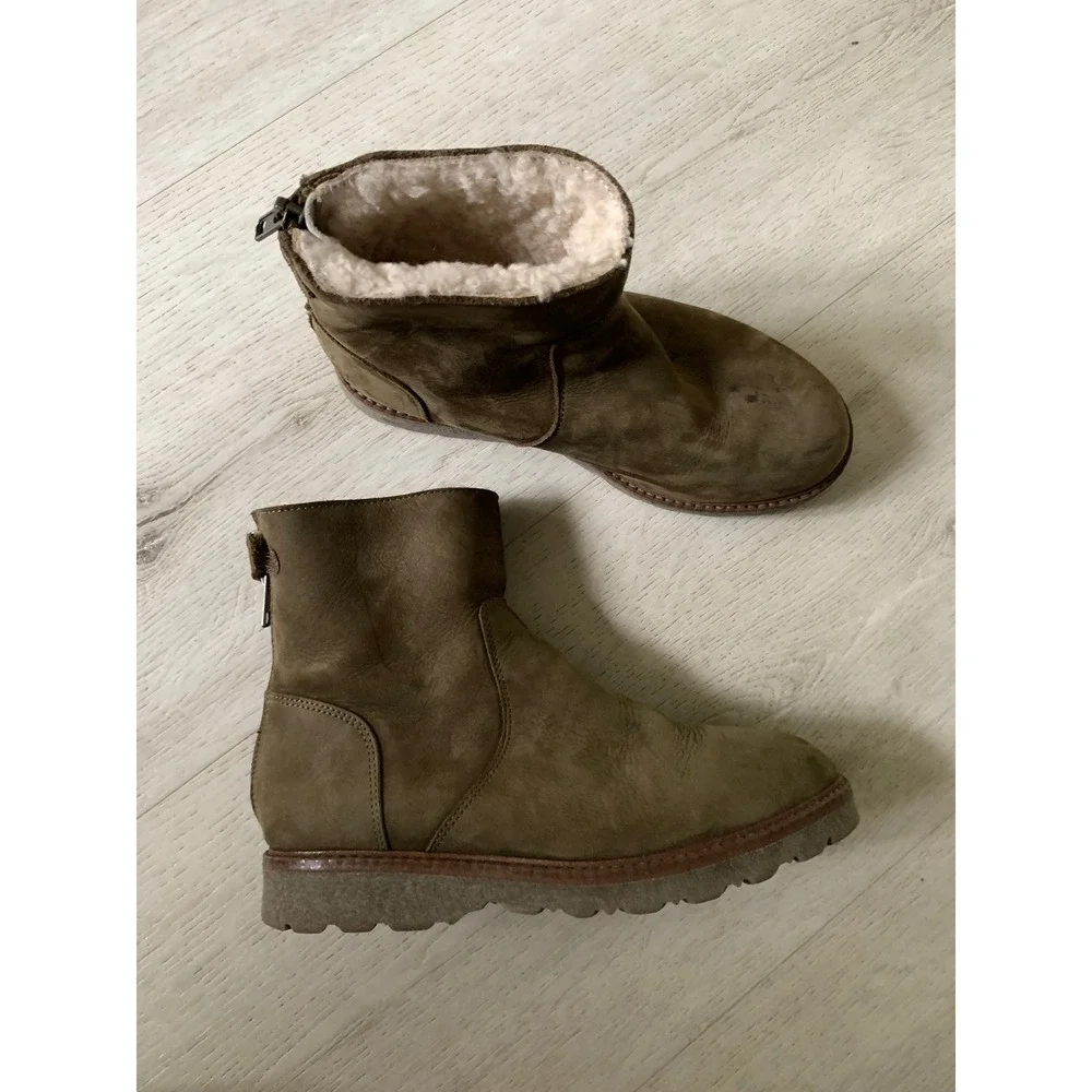 Bonpoint Kids Shearling Lined Leather Boots Olive Green Spain Size 34 Zip Back